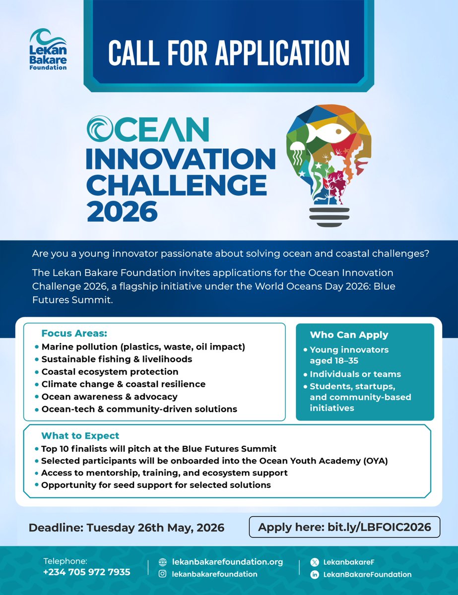 LekanbakareF's tweet photo. The future of our oceans depends on bold ideas and the people willing to bring them to life.

Applications for the Ocean Innovation Challenge 2026 are now open. If you are passionate about sustainability, innovation, and creating real impact for our oceans and coastal communities, this is your chance to step forward.

Join the challenge and turn your ideas into action.

#OceanInnovationChallenge #YouthInnovation #OceanConservation #ClimateAction #BlueFuture