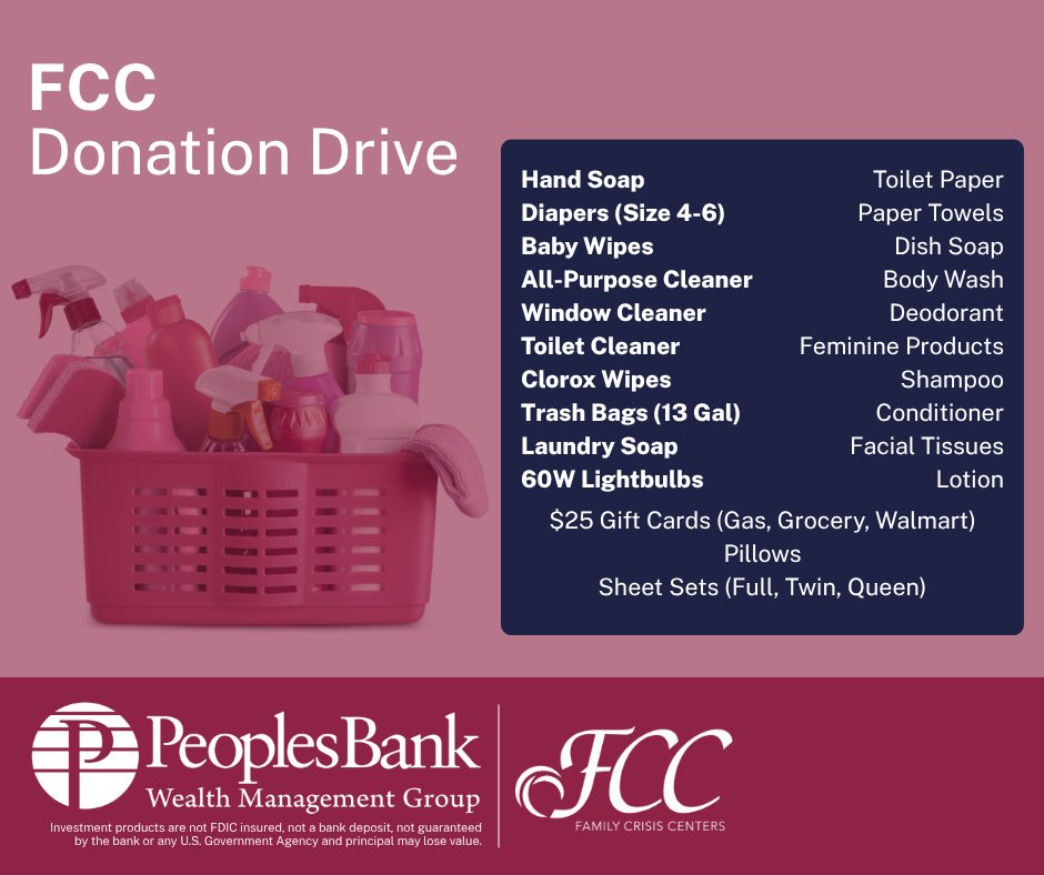 BankWithPeoples's tweet photo. Our Wealth Management Group is hosting a donation drive to support those served by @FCC_IA! Items accepted through May 29. Drop off at Peoples Bank, Sioux Center. Bolded items needed most.
#WhereValuesMatter https://t.co/mSOBV7CPys
