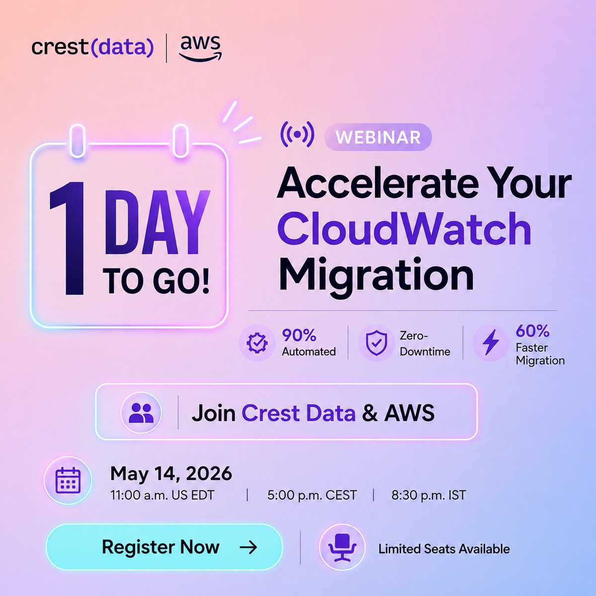 crestdata_ai's tweet photo. 1 Day to Go! 

Join Crest Data &amp; @awscloud tomorrow for a webinar on accelerating CloudWatch migrations with automation-first strategies.

Up to 90% automation, zero downtime, 60% faster adoption.

Register: https://t.co/EzFt39WN5Y

#AWS #CloudWatch #CrestData https://t.co/WDC2QaobXl