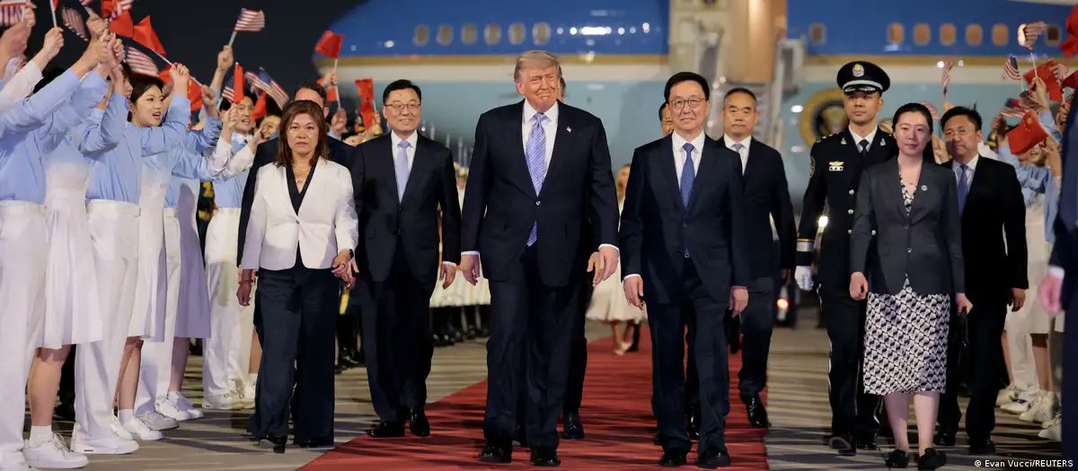 theGeoView's tweet photo. US President Donald Trump arrived in Beijing for a two-day summit with Chinese President Xi Jinping, accompanied by executives including Nvidia CEO Jensen Huang and Elon Musk. https://t.co/qWptWo4QS2