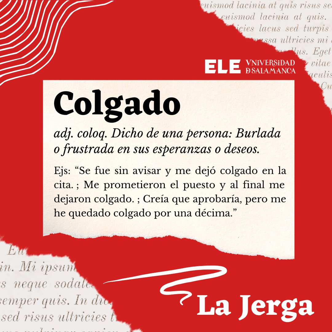 ELE_USAL's tweet photo. 🌀 En español, “colgado” es jerga para alguien despistado, excéntrico o algo desconectado de la realidad.
📖 Viene del verbo colgar, con la idea figurada de alguien que parece estar “desconectado” o fuera de lugar.
#Español #Jerga #Colgado #SpanishSlang #AprenderEspañol https://t.co/V9eM9w73Dp