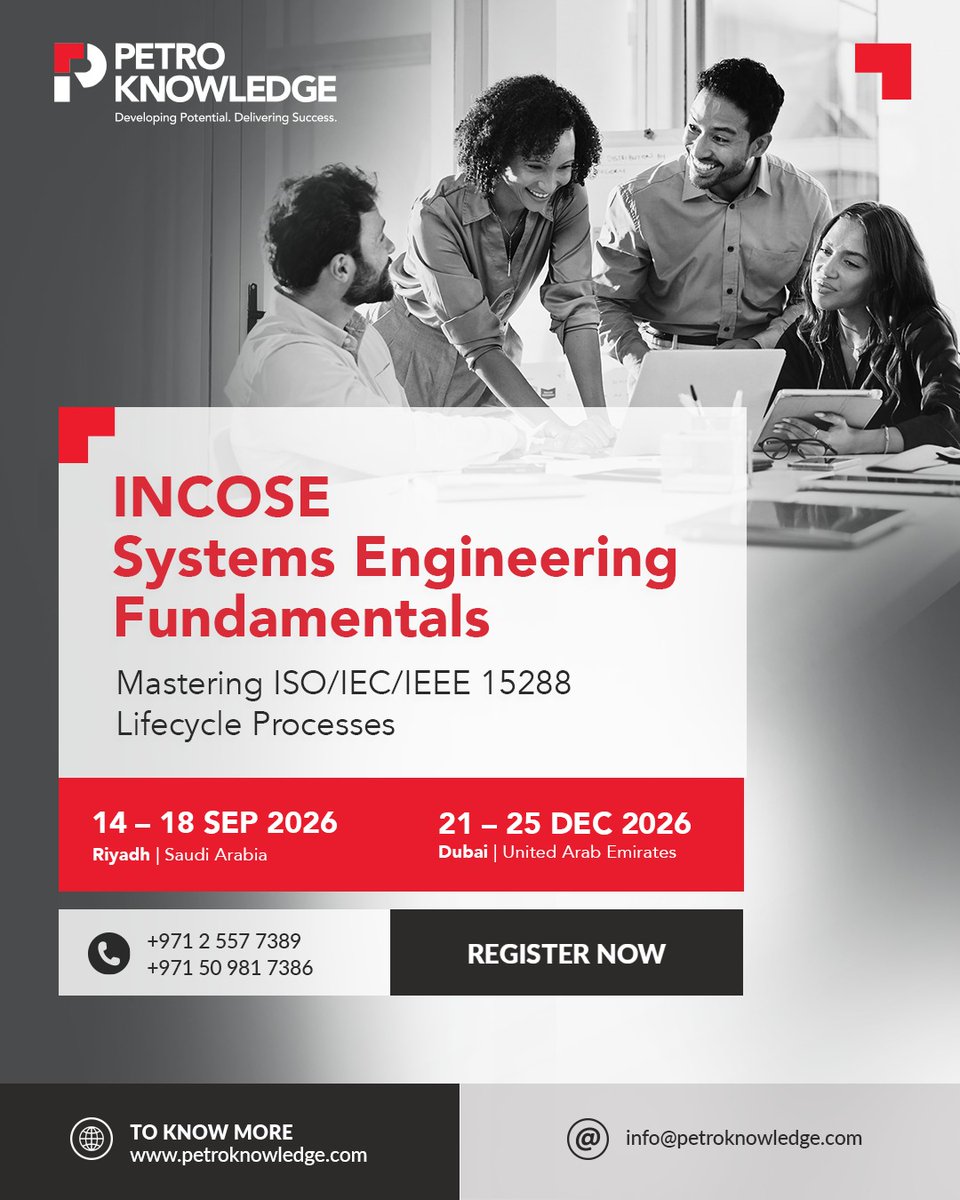 petro_knowledge's tweet photo. Advance your systems engineering expertise with PetroKnowledge’s INCOSE Systems Engineering Fundamentals course.

Upcoming sessions:
Riyadh: 14–18 Sep 2026
Dubai: 21–25 Dec 2026

Learn more and register:
https://t.co/FpbOV51wPn

#incose #systemsengineering #petroknowledge https://t.co/QbifNkbIyt