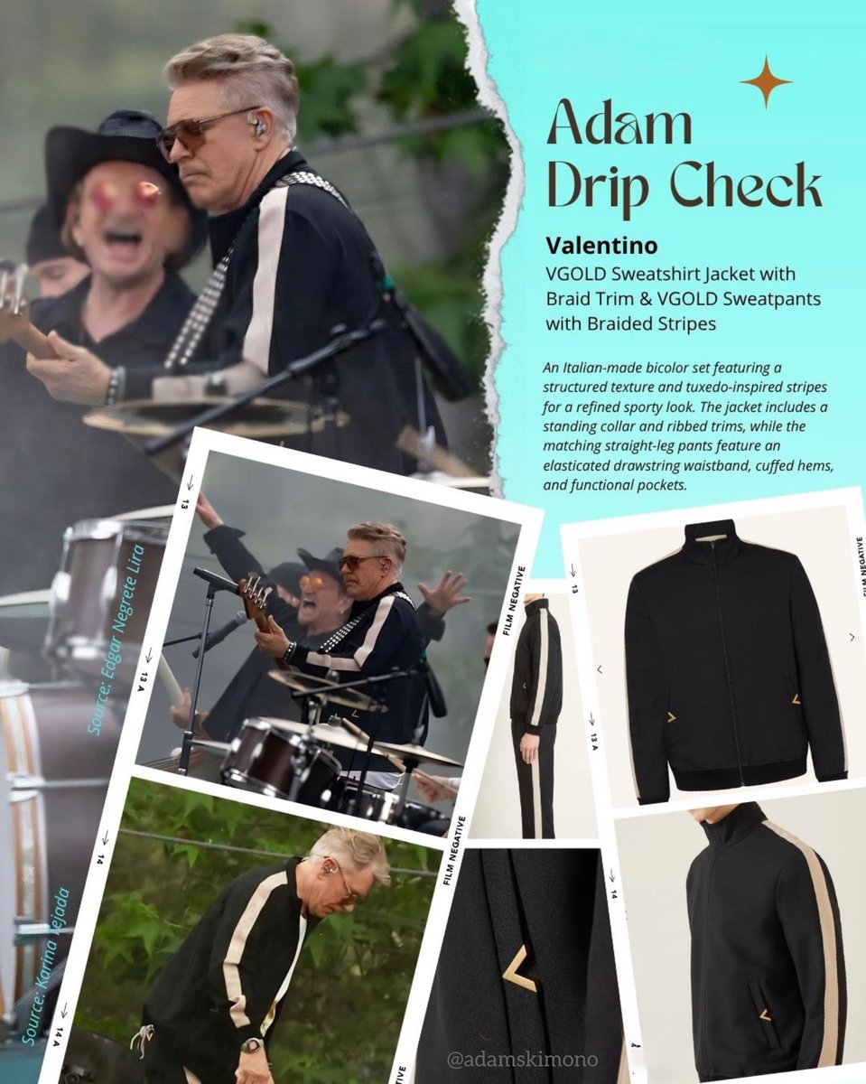 AdamsKimono's tweet photo. Adam Clayton Drip Check ๐ฅ
Valentino sporty jacket & pants with tuxedo inspired stripes
we zoomed in for yas -
Adamโs tache is intact ๐ฅ
#AdamClayton
#AdamDripCheck
#AdamsTache https://t.co/qBTOab2yyY