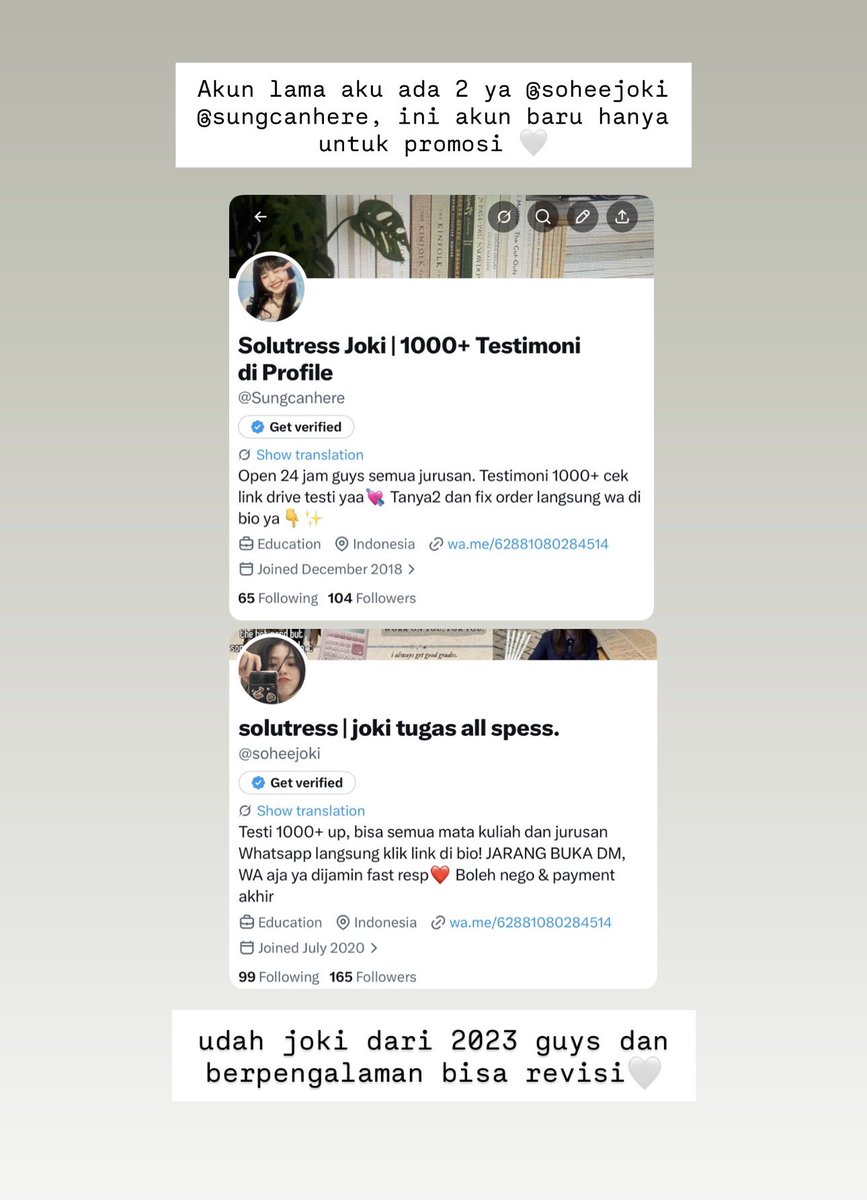 Mackenyuwifey's tweet photo. Open 24 Jam yaa joki tugas, bisa langsung WA di bioo🤍 bisa inrush dan tepat dan termurah bisa nego☺️

Bisa:
Makalah
Inggris
Infografis
Paper
Analisis
Jurnal
PKM
Essay
Artikel
Soal
Skripsi
All matkul All tugas

Testi 1000+ : https://t.co/7FZ9QLyjPW
#zonauang #bealanja #jokitugas https://t.co/bHBr4hSaIE