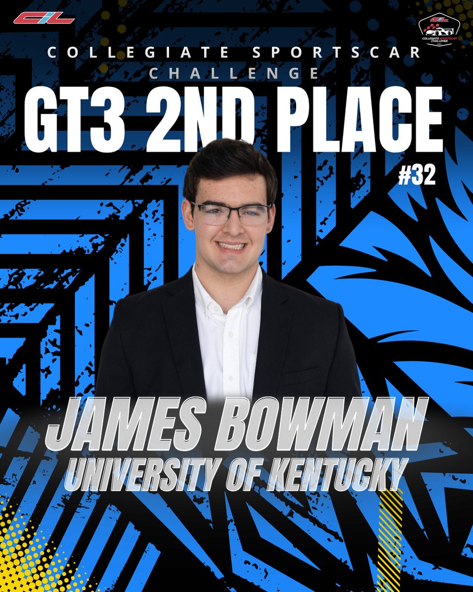 CollegeiRacing's tweet photo. In the GT3 class of the Collegiate Sportscar Challenge, the fight for the podium stayed tight from start to finish. Connor Burns of East Tennessee State University secures the top spot with 227 points, followed by James Bowman of Kentucky University with 220, and Pierce Hanley of Auburn University with 200. Congratulations to all three drivers on a strong season and an impressive run to the top of the standings.