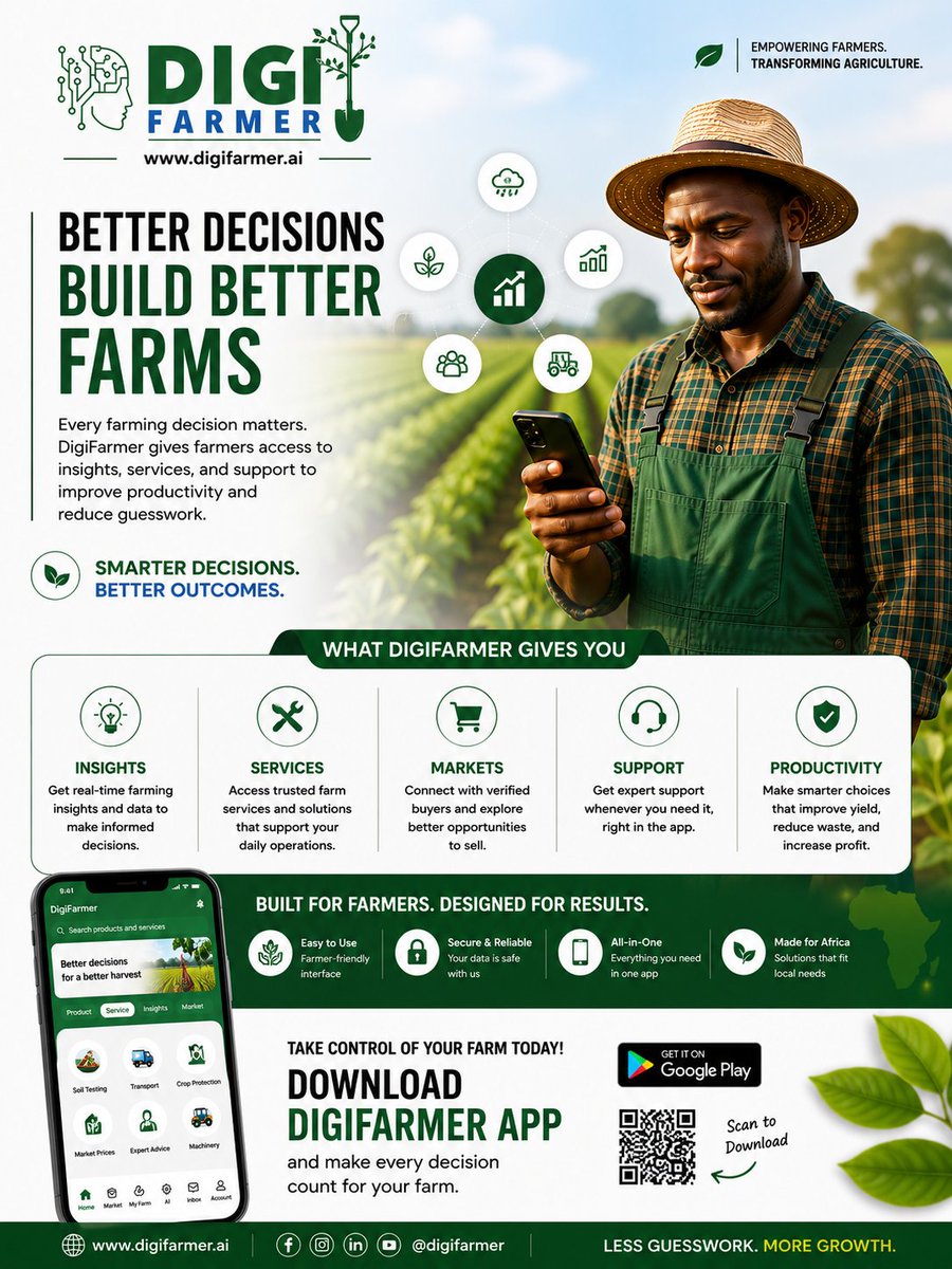 Digifarmer_ai's tweet photo. Every farming decision matters.
DigiFarmer gives farmers access to insights, services, and support to improve productivity and reduce guesswork.

🌱 Smarter decisions. Better outcomes.

📲 Download now:
https://t.co/EBHdi9wqtA

#DigiFarmer #DigitalAgriculture #SmartFarming https://t.co/vlFOMk58pD