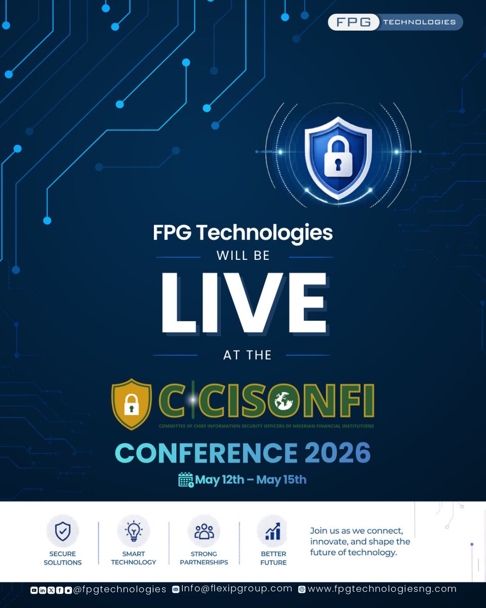 FpgTechnologies's tweet photo. We’re are LIVE at the CCISONFI Conference 2026.

FPG Technologies is on ground engaging, innovating, and contributing to critical conversations shaping cybersecurity and the future of financial systems in Nigeria.

From secure solutions to smarter technology, we’re ready to connect and drive what’s next.

📅 May 12th – May 15th
Stay tuned.

#FPGTechnologies #CCISONFI2026 #CyberSecurityNigeria #InnovationInTech #GoBeyond
