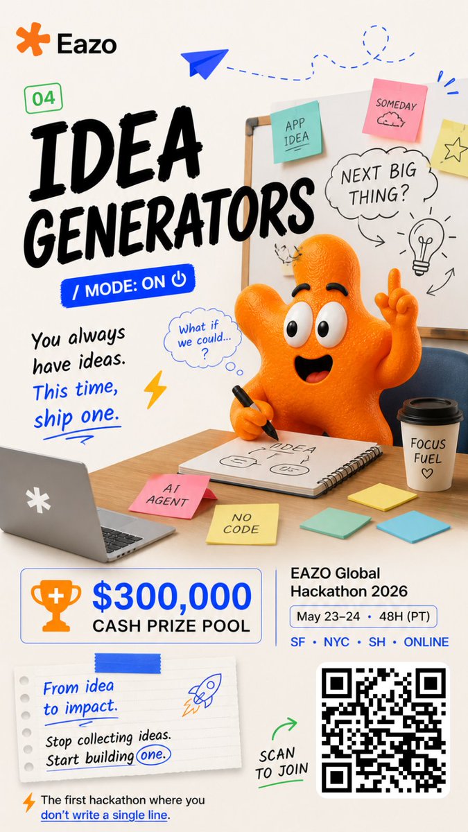 EazoAI's tweet photo. $300,000 prize pool. 48 hours.🙌🙌🙌
Zero code required.
EAZO Global Hackathon 2026 is for anyone with an idea they want to turn into a real, usable product.
Not a pitch deck.
A live app people can open and use.
Join us community: https://t.co/VwjGCF3sxv
#Hackathon #NYCTech https://t.co/De6cZSUphW