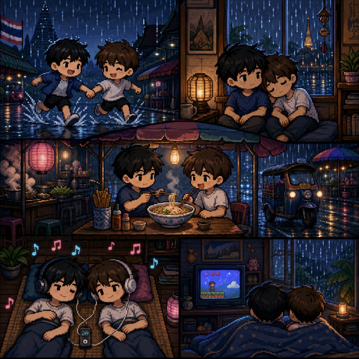 First1_Supakorn's tweet photo. 🌧️ タイはもうすぐ雨季です！
最近よく雨が降っていますが、みなさん雨の日は何をしていますか？

雨の日のタイ語フレーズ5選 ↓

① วิ่งหนีฝน (wîng-nǐi-fǒn) 雨から走って逃げる
② นั่งฟังฝน (nâng-fang-fǒn) 座って雨音を聴く
③ กินก๋วยเตี๋ยวร้อน (kin-kúai-tíao-rɔ́ɔn) 熱いクイッティアオを食べる
④ ดูหนัง (duu-nǎng) 映画を見る
⑤ นอนฟังเพลง (nɔɔn-fang-phleeng) 寝転んで音楽を聴く

あなたは雨の日、どれ派？☔

#タイ語 #タイ語勉強 #タイ語学習 #雨季 #タイ旅行 #ファースト先生