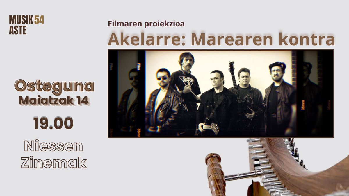 Eresbil's tweet photo. 🎬 Musikastek proposamen berezia eskainiko du bihar.

‘Akelarre: Marearen kontra’ dokumentala proiektatuko da, euskal musikan giltzarri izan den Akelarreren ibilbidea errepasatzen duen dokumentala.

📅 maiatzak 14
🕖 19:00
📍 Niessen Zinemak · 2. aretoa
🎟️ Doan

Ez galdu aukera! https://t.co/HAfHxvqiCW