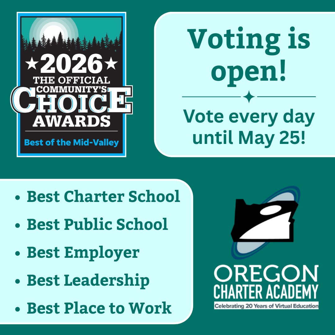 OregonCharter's tweet photo. Did you hear? Voting for the Best of the Mid-Valley Awards is now open.

Go to https://t.co/CFKgbDU4eQ to cast your vote!

#oregoncharteracademy #ORCA #onlineschool #onlinelearning #onlineeducation #virtuallearning #virtualeducation #bestofthebest #BoMV #bestofmidvalley #awards https://t.co/yO5UgPYrFY