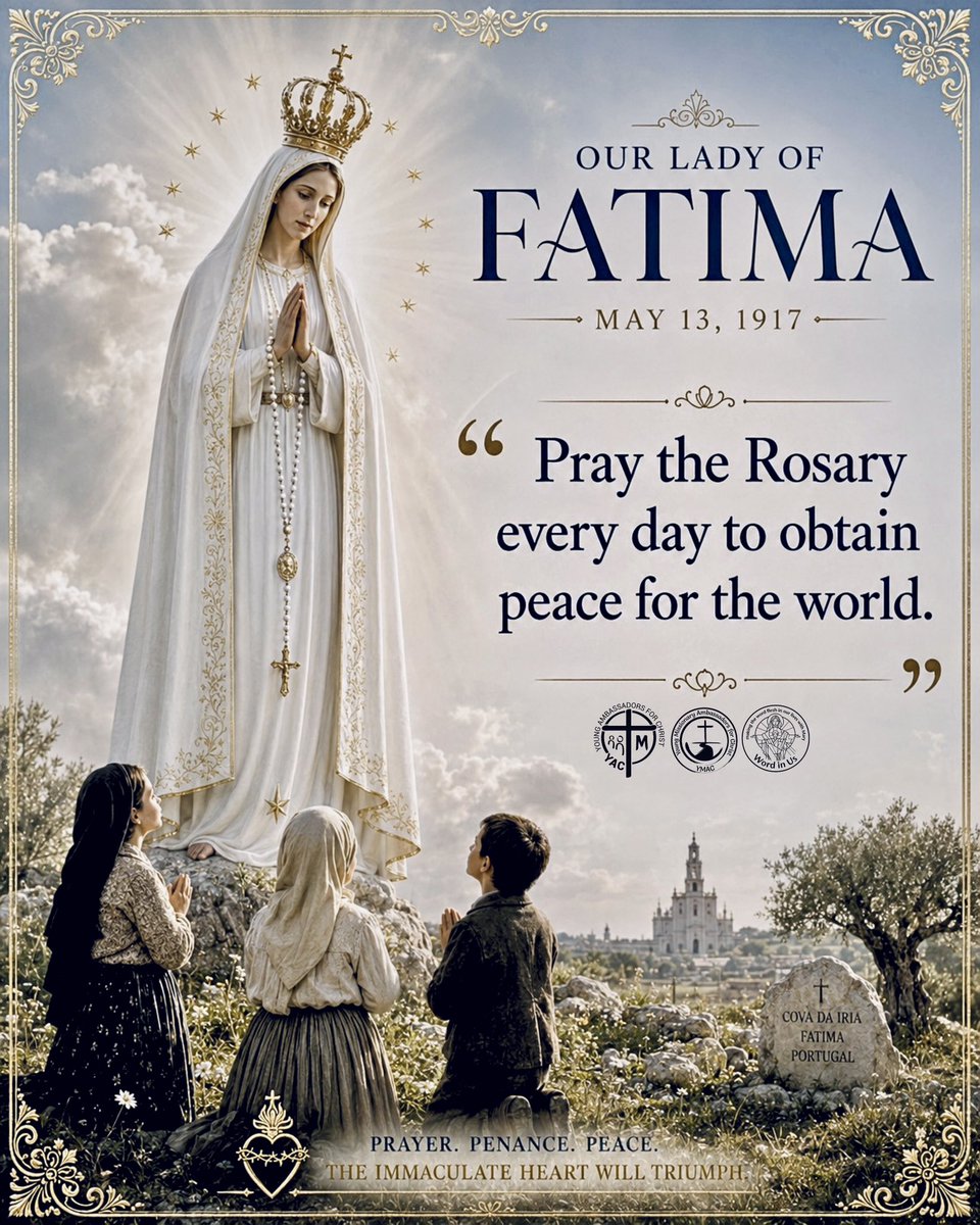YMACmomqpm's tweet photo. In a world filled with fear, division, violence, uncertainty, and noise, the message of Our Lady of Fatima remains urgent:
Pray the Rosary.
Pray for peace.
Pray for the world.
Our Lady of Fatima, pray for us.
#OurLadyOfFatima
#PrayForUs #MamaMary
#YAC #YMAC #WordInUs https://t.co/1Tn5d2AVan