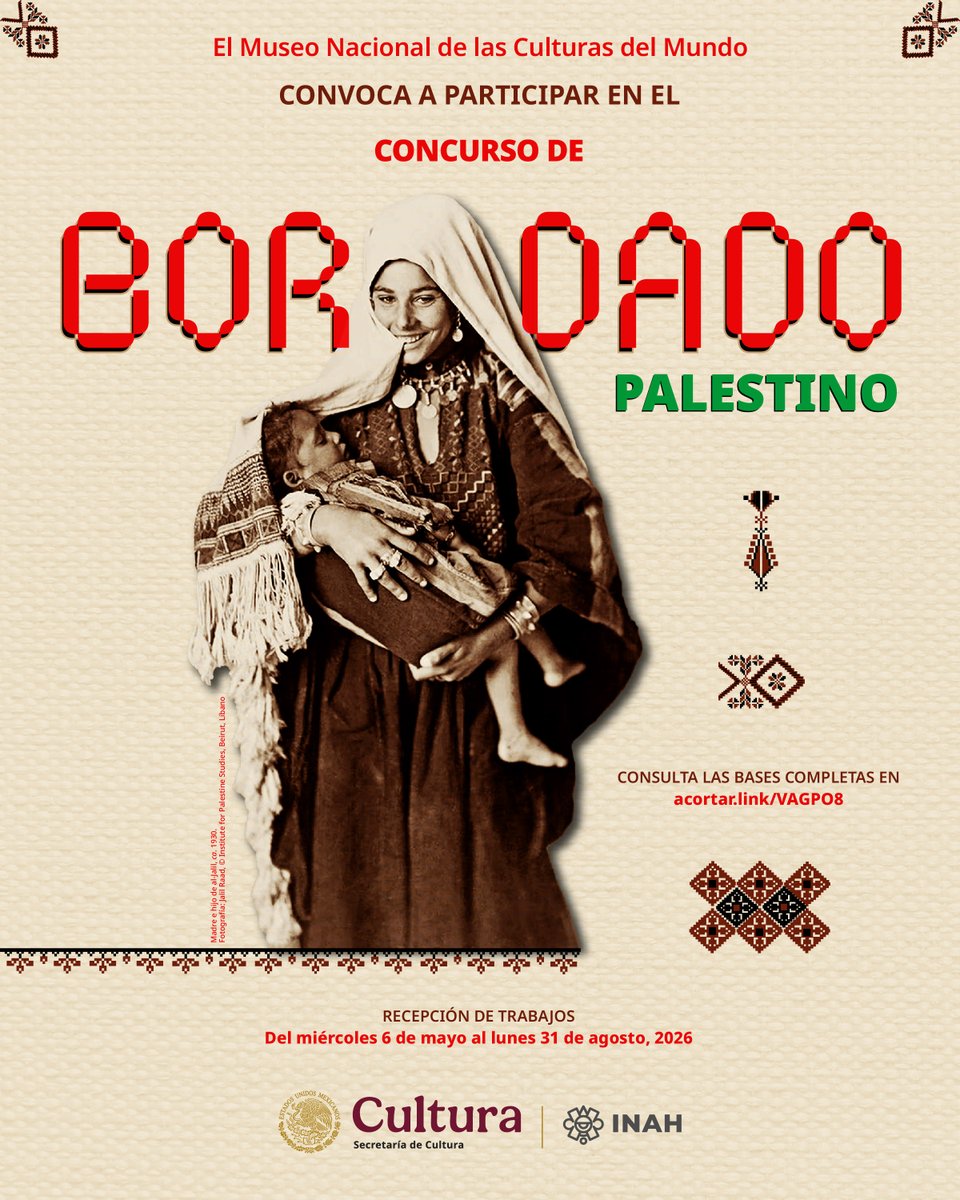 INAHmx's tweet photo. ¿Te apasiona bordar y sientes admiración por Palestina y su cultura? @MuseoCulturas te invita a participar en el Concurso de bordado palestino.

¡Se otorgará reconocimientos a los primeros lugares y se hará una selección para formar una exposición!

Bases: https://t.co/83VwI92Qoy https://t.co/pqPCThvukb