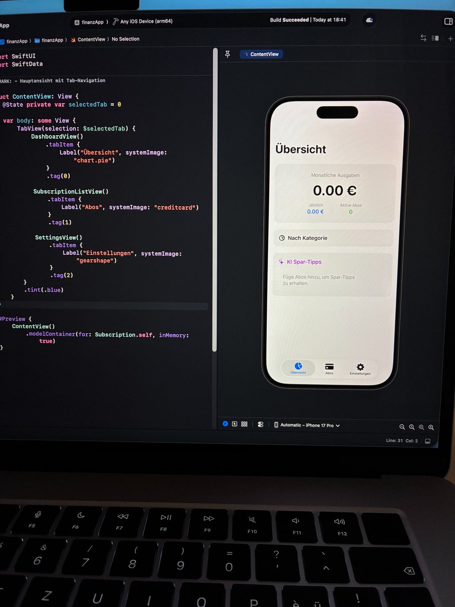 sysinformatik's tweet photo. Heute wieder an meiner kleinen Abo APP gearbeitet.
Schritt fΓΌr Schritt wird alles klarer und runder β SwiftUI macht langsam richtig SpaΓ.
#iOSDev #SwiftUI #SwiftData #Xcode #AppDev #IndieDev #BuildInPublic #DevLife #CodingJourney #MobileDev #SwiftDeveloper #AppleDeveloper https://t.co/izduMIau1y
