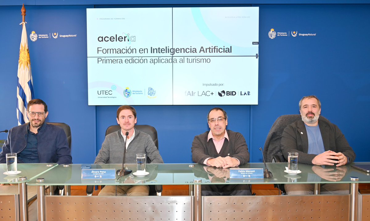 Uruguay_Natural's tweet photo. 📌El Ministerio de Turismo y la UTEC presentaron la primera edición de AcelerIA, un programa pionero impulsado por BIDLab para preparar a personas y comunidades frente a los desafíos de la era digital.

Esta primera edición se enfoca en inteligencia artificial aplicada al turismo e innovación en productos turísticos, y prioriza la participación de mujeres y personas mayores de 45 años, garantizando que todos los perfiles tengan acceso a formación que potencie su empleabilidad. El Ministerio de Turismo es el primer aliado estratégico de la iniciativa.

#UruguaySorprende