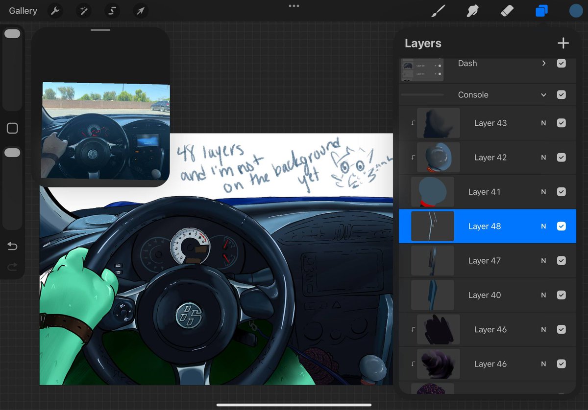 GryphonTStudios's tweet photo. Good morning and welcome to #WIPwednesday!

This week I’m working on a driver POV for @datDumbFolf and his 2017 Toyota 86. I’m 48 layers deep in this piece and I still need to do the background. 👀 

#furry #furryartist #furryfandom https://t.co/FhmYIJ7AEJ