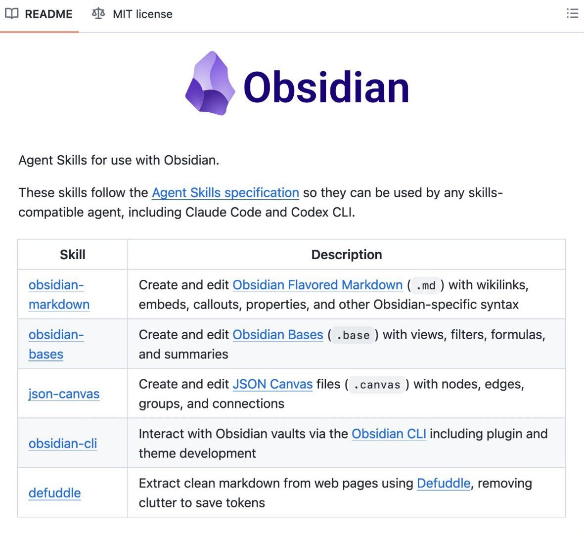 Obsidian README screenshot listing five official agent skills for markdown, bases, JSON canvas, CLI task management, and cleaning web pages into markdown