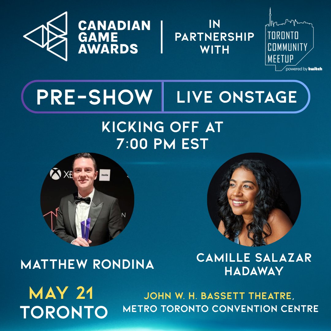 cgameawards's tweet photo. 🇨🇦 The Canadian Game Awards pre-show goes live at 7 PM on May 21 in partnership with @TwitchGTA!

Hosted by @Dapper_Tux  and @thisiscamco, the pre-show kicks off the evening before the CGA ceremony begins at 8 PM. https://t.co/ce6id3yEm7