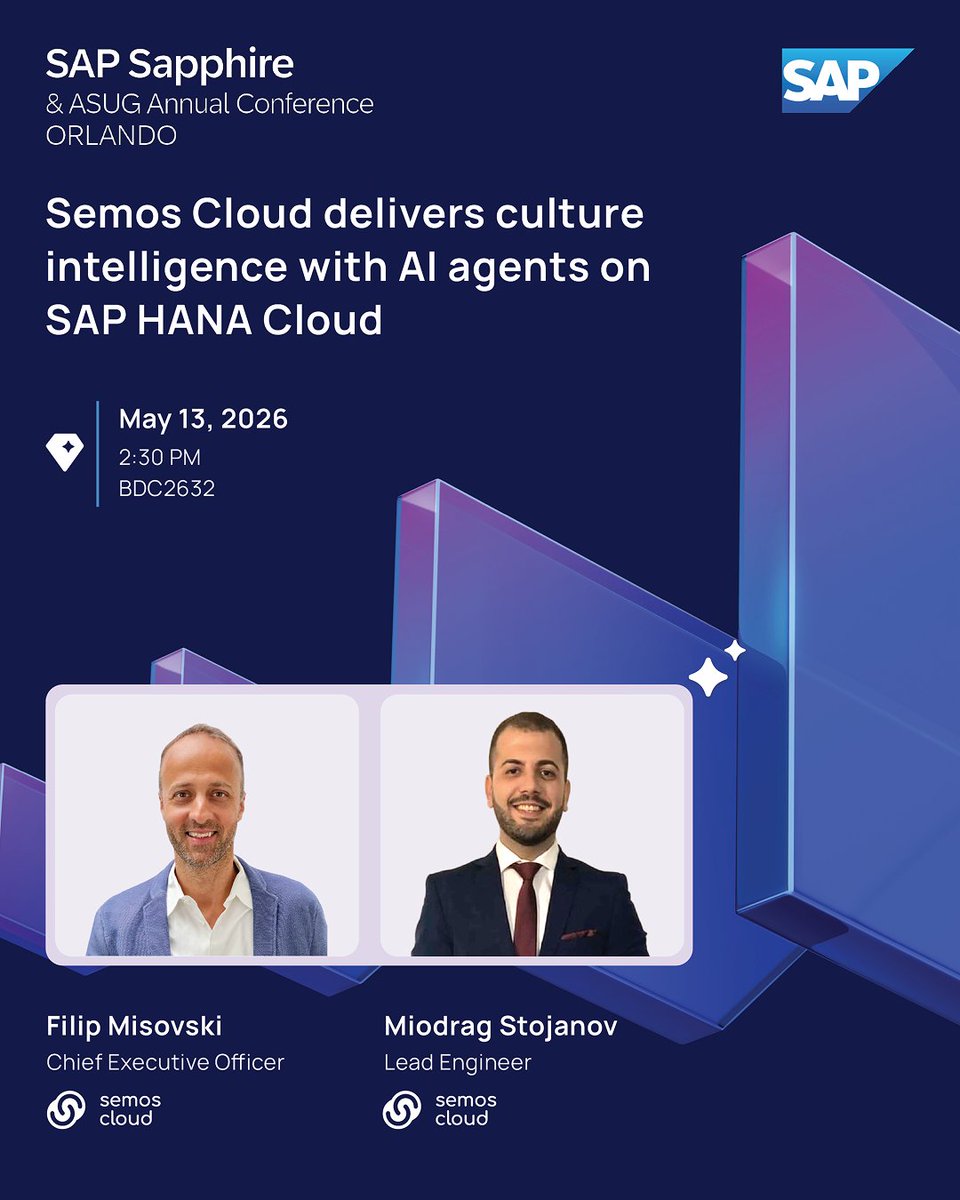 SemosCloud's tweet photo. We are sharing more at @SAP #SAPSapphire today.

Join @misovski and Mio for session BDC2632 at 2:30 PM ET to see how Semos IQ, autonomous programs, and AI agents come together for enterprise HR.

https://t.co/pjvxg6ntTs https://t.co/L7CpFErZfb