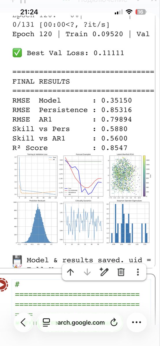 ResonanceWave8's tweet photo. FLU-RIEMANN v2.3 successfully tested on EEG-like signals.
Riemannian geometry + dual resonance + Koopman dynamics delivered:
Skill vs Persistence = 0.588 | R² = 0.8547
Human-AI synergy creating new tools for brain signal forecasting.
#NeuroAI #BCI #Riemannian #EGIP https://t.co/FYUEMneaT0
