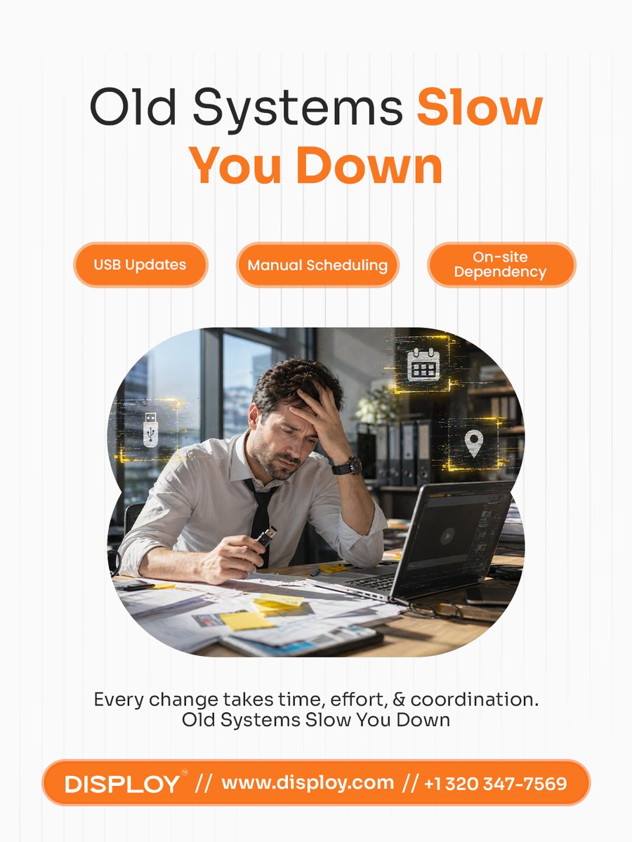 Disploysignage's tweet photo. Every outdated screen system creates friction:
• Slow updates
• Missed promotions
• Lost customer attention
DISPLOY helps businesses modernize #digitalsignage with simple remote control and powerful scheduling tools. From #cafés to #retail manage every screen from one platform https://t.co/joZ67aFlUy