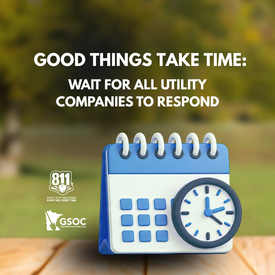 GopherOneCall's tweet photo. Utility companies have varying service areas and workloads, so sometimes facilities will get marked at different times.

Once you submit your locate request, allow time for all lines to be marked before you dig, and don’t dig before you’re sure ALL lines have been marked. https://t.co/WiwB4N8a0V