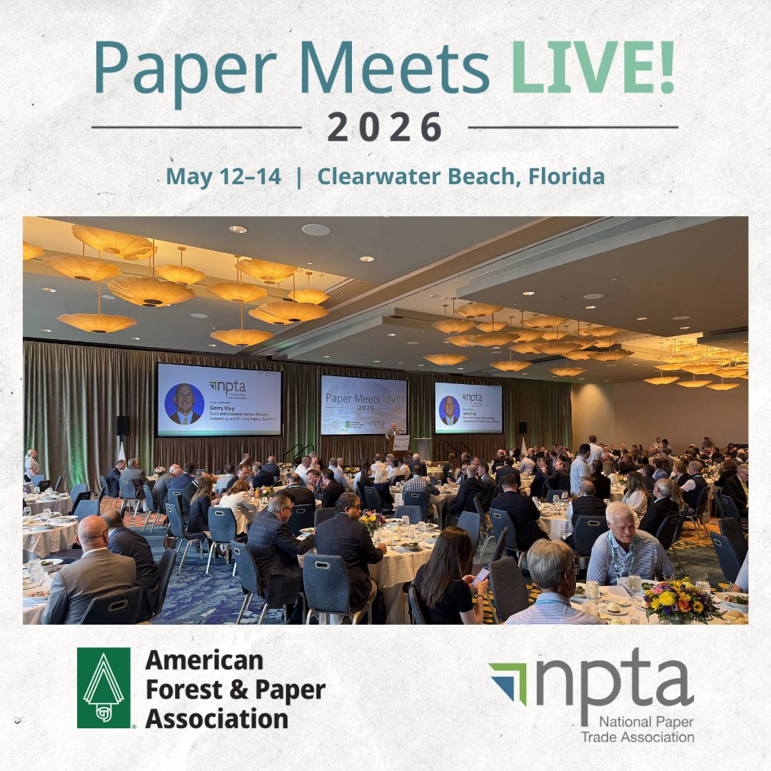goNPTA's tweet photo. Leadership was on display at yesterday’s #PaperMeetsLIVE luncheon. Congratulations to Bill Garvey on receiving the 2026 Stanley O. Styles Industry Excellence Award, and thanks to Suzanne Shelton for an engaging presentation on leveraging sustainability to drive market advantage. https://t.co/xePch855dK