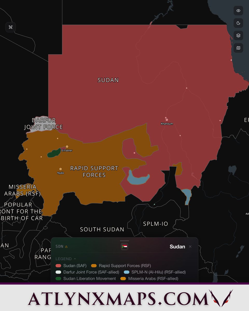AtlynxMaps's tweet photo. Sudan, 2026, de-facto control map.
 
Full interactive map at https://t.co/9TdjWI6fTJ 

 #sudan #sudanwar #rsf #map #atlynx https://t.co/GLAzlKO9jK