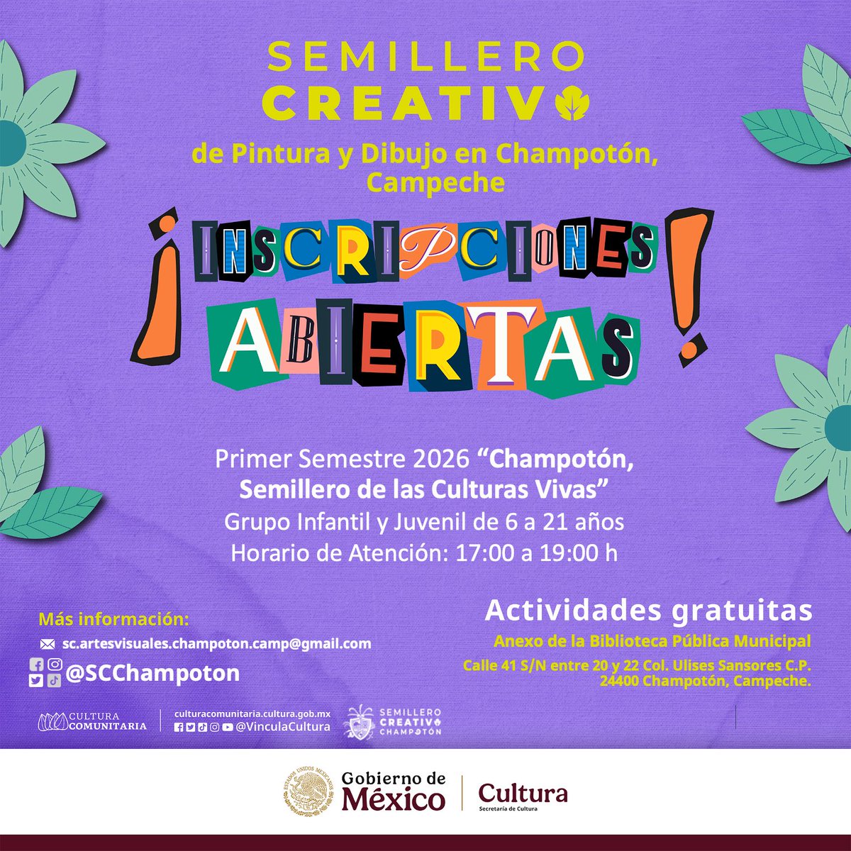 SCChampoton's tweet photo. Hacemos una atenta invitación a niñas, niños y jóvenes de 6 a 21 años, para formar parte del 1er Semestre 2026.

Nuestro curso es completamente GRATUITO, Cupo Limitado. ¡Te esperamos!

#CulturaComunitaria #EsTiempoDeMujeres #EsTiempoDeChampotón #ChampotónSemilleroDelPueblo https://t.co/mG7A0Mdfu3