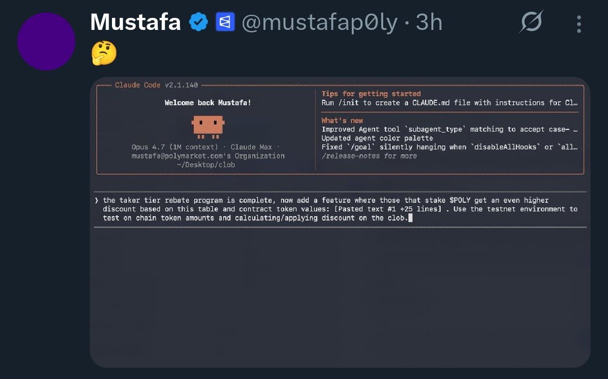 NeAr0777's tweet photo. Interesting teaser from @mustafap0ly 👀

The screenshot mentions a completed “taker tier rebate program” and adding higher trading fee discounts for users who stake $POLY

Nothing officially confirmed yet but the utility around $POLY keeps looking more interesting. https://t.co/HrPyFOHfQB