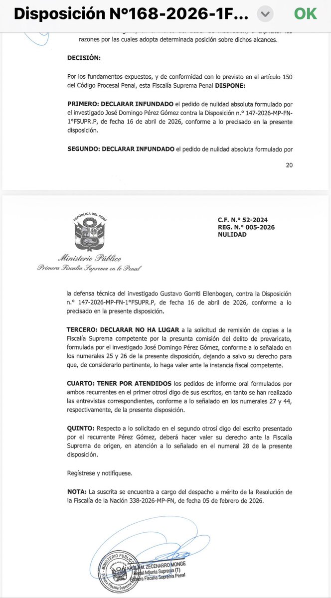 LuisMiguelCaya's tweet photo. #LOULTIMO🚨 GOLPE A GUSTAVO GORRITI, DOMINGO PÉREZ Y RAFAEL VELA

La Fiscalía Suprema rechazó la nulidad presentada por los investigados José Domingo Pérez, Gustavo Gorriti y Rafael Vela. 

Se cae el relato de la persecución. 

@FiscaliaPeru seguirá investigando las coordinaciones indebidas entre fiscales y el periodista, supuestas filtraciones de información reservada y posibles actos de influencia en decisiones institucionales.

El tiempo de la impunidad se acaba.