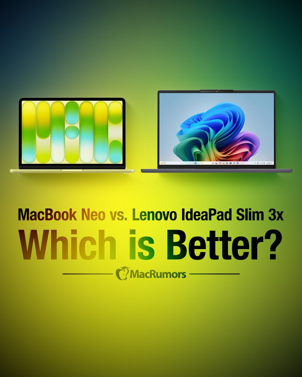 MacRumors's tweet photo. New Study Highlights Advantages of $549 Windows Laptop Over MacBook Neo https://t.co/N9HsJMNTJj https://t.co/sFl5YdEv0s