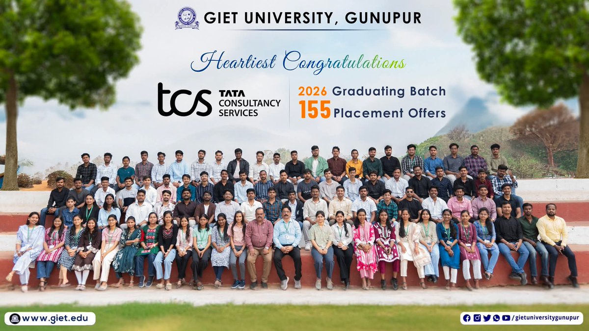 GIETUniversity's tweet photo. With every phase of the recruitment process, the success story continues to grow! 

We are delighted to share that the number of placement offers from TCS – Tata Consultancy Services for the 2026 Graduating Batch has now reached an impressive 155 Offers. 

This remarkable milestone reflects the dedication of our students, the continuous efforts of our faculty & placement team, and the industry-focused learning environment at GIET University. 

Congratulations to all the achievers for making the GIET family proud once again. Wishing you all a bright and successful future ahead!

📍 GIET University, Gunupur
🌐 https://t.co/VEw6Jq8uz6

#GIETUniversity #TCS #PlacementUpdate #Placements2026 #CampusPlacement #GIETians #CareerSuccess #FutureReady #PlacementDrive #ProudMoment #TCSPlacement #SuccessStory