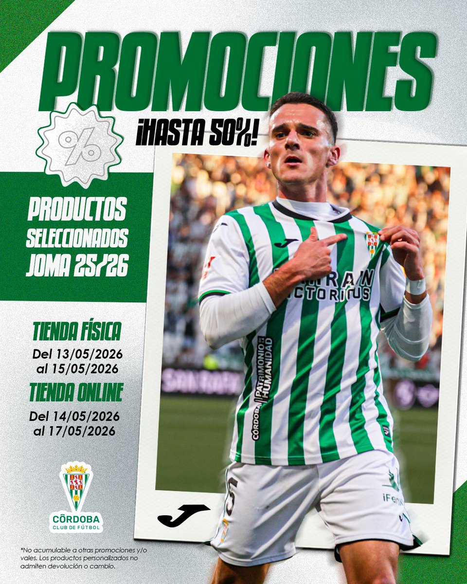CordobaCF_ofi's tweet photo. 🚨💚🤍 ¡𝗢𝗙𝗘𝗥𝗧𝗢𝗡𝗘𝗦 𝗖𝗖𝗙! 🤍💚🚨

⚡ La colección Joma 25-26 baja de precio con descuentos de hasta el 50% en artículos seleccionados.

📍 #TiendaCCF centro 
📅 De miércoles a jueves y viernes de 10 a 14h  

📍 #TiendaCCF estadio 
📅 Viernes de 18 a 21h  

💻 También online
📍 https://t.co/Dy4iyBss1D
📅 De jueves a domingo

🔥 Aprovecha esta oportunidad y luce nuestros colores en el tramo final de la temporada.