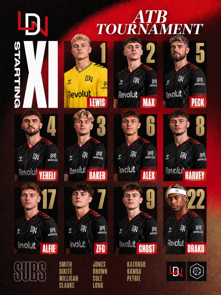 SandsEndFC's tweet photo. Locked in for the ATB TOURNAMENT! 🏆

​Here is your LDN Starting XI  

​🧤 1 Lewis
​🛡️ 2 Max | 5 Peck | 4 Yeheli | 3 Baker
​⚙️ 6 Alex | 8 Harvey | 17 Alfie
​⚡ 7 ZFG | 9 Ghost | 22 Drako

#LDN #ProClubs https://t.co/WHAKwi462m
