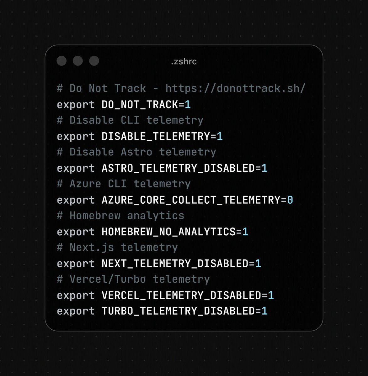 justydev's tweet photo. What telemetry are you disabling in your .zshrc? Wondering if there is anything I'm missing https://t.co/u2EbsiHqYJ
