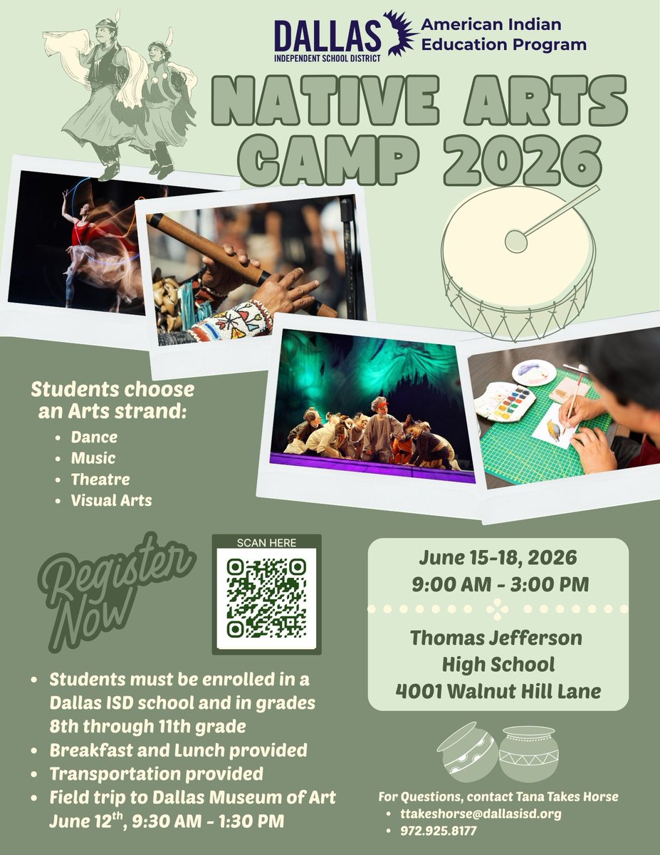DISDAIEP's tweet photo. 📣 Dallas ISD Native students &amp; families!

Only 2 DAYS left to register for camp with transportation! Deadline: May 15th ⏰

🪶 Cultural Camp (K–8): https://t.co/SBw6YIkUSL
🎨 Native Arts Camp (8th–11th): https://t.co/COUWGG40jm
Bus routes are being finalized now — sign up today! https://t.co/esYhktxTn4