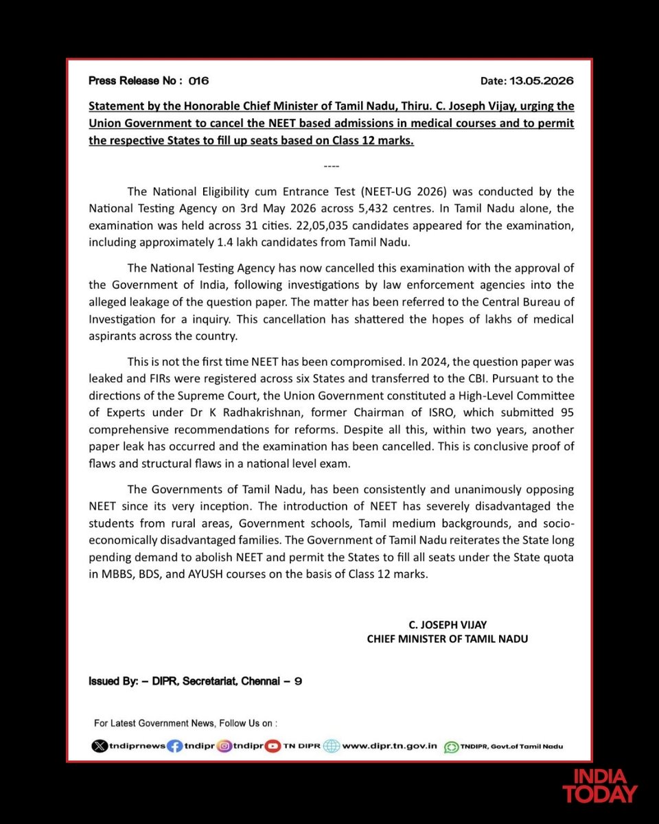 IndiaToday's tweet photo. Tamil Nadu Chief Minister C. Joseph Vijay has reiterated the state’s long-standing demand to abolish NEET following the cancellation of NEET-UG 2026 over an alleged paper leak controversy. Vijay called the incident proof of “structural flaws” in the national-level medical entrance examination system and urged the Centre to allow MBBS, BDS and AYUSH admissions based on Class 12 marks instead.

He said NEET disproportionately affects students from rural, government school and economically weaker backgrounds. The matter is currently under CBI investigation after nationwide outrage over exam irregularities.

#NEET #NEETUG2026 #TamilNadu #CMVijay #JosephVijay #NEETControversy #PaperLeak #MedicalEntranceExam #IndiaTodaySocial