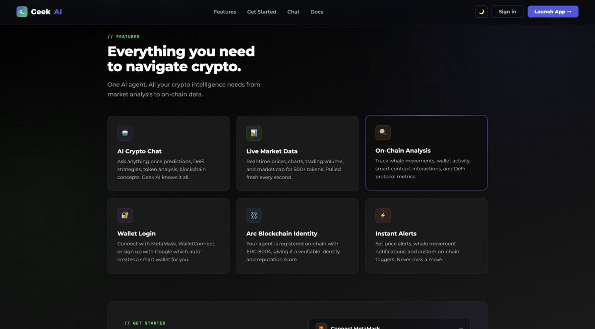 smolgeeek's tweet photo. finally, introducing Geek AI

Geek AI is an @arc native ai agent built to allow users improve their knowledge on crypto in general, powered by claude

features:

- crypto chat
- onchain analysis
- live market data
- instant alerts
- light/dark mode
- crypto chat history
- image upload for analysis

this ai agent is fully registered on arc blockchain: https://t.co/MJSb5COEpt

registration/setup was done with python and circle SDK

note: your crypto chat history only works when your wallet is connected, feel free to use a burner to explore

built this with the help of claude AI, arc documentation, and circle kits

i would love for you lots to help me test it out using your testnet wallet, although it is completely safe and built for exploring

had fun doing this, suggest features for me to include in the comments, and i will look into that

explore geek AI: https://t.co/qYsDL5pfrL