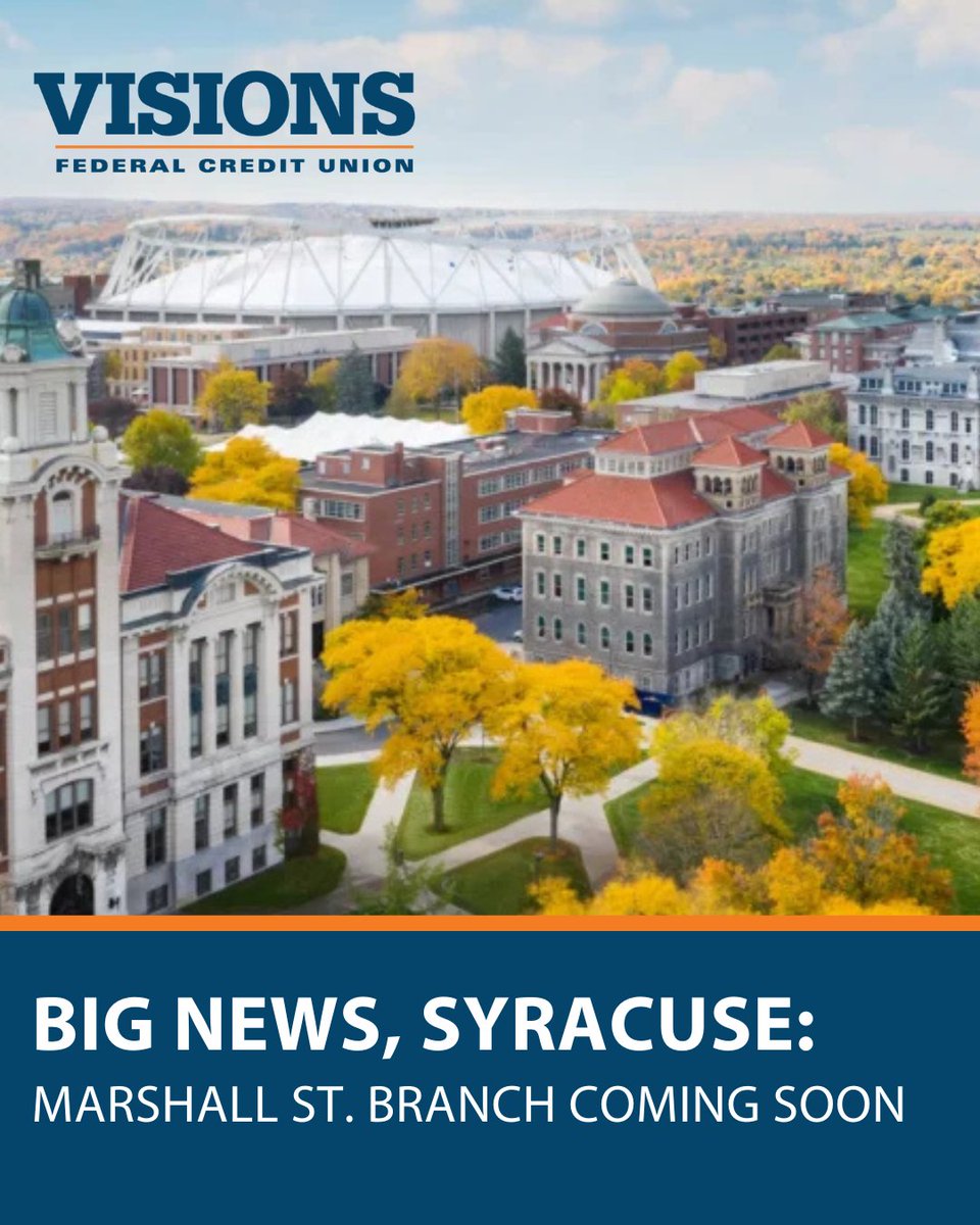 VisionsFCU's tweet photo. We're excited to announce a new branch coming to Marshall Street, just steps from the Syracuse University campus. Opening later this year, this location will help us to continue supporting students, faculty, and the wider community.  Learn more: https://t.co/ero1eoOFX1 https://t.co/9ycCeAlyUT