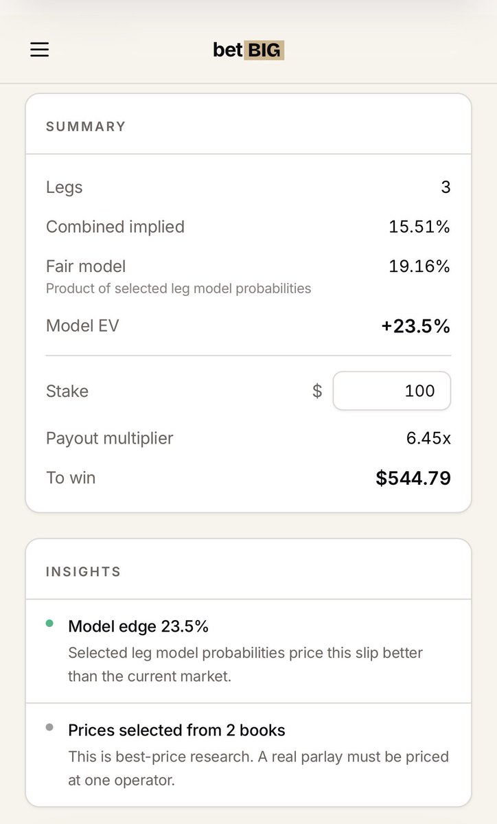 betbigai's tweet photo. Here’s a 3-leg Prize Picks slip using the Parlay Analyzer on https://t.co/UCaZuuH8vZ👇🏼

+23.5% Model EV. 

sign up for the private beta out NOW ⤵️
https://t.co/UCaZuuH8vZ https://t.co/pAM6QErlai