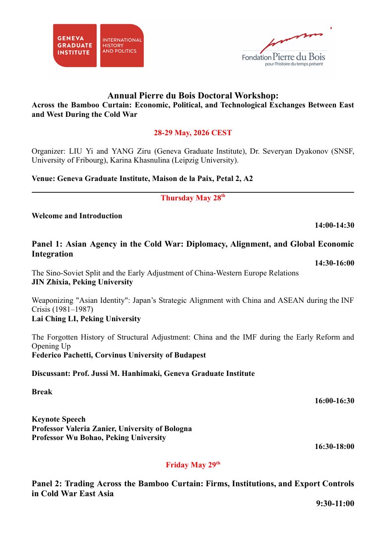 Severyan's tweet photo. On May 28–29, we will welcome participants to our workshop at the Geneva Graduate Institute.
Across the Bamboo Curtain: Economic, Political, and Technological Exchanges Between East and West During the Cold War https://t.co/BebpVe6h7d
