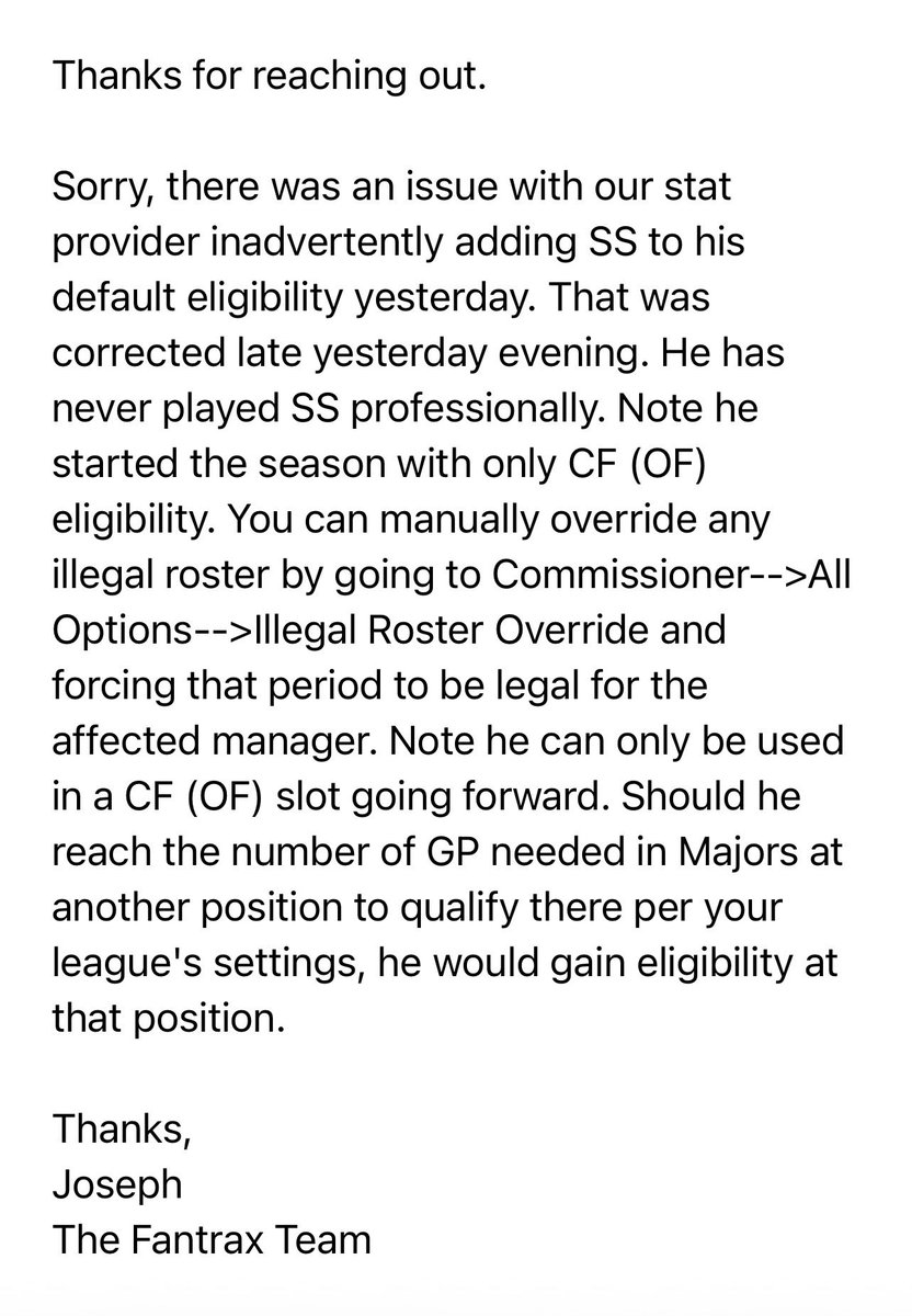 CardLabX's tweet photo. Here’s how @Fantrax is handling illegal lineups caused by removing the SS eligibility Ewing held prior to his 3 AB last night.  Basically, you should have known better.  Go fix it yourself. https://t.co/anpyMxK9FR