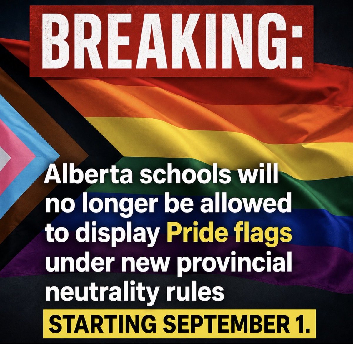 IgorRyltsev's tweet photo. 🚨 BREAKING: Alberta schools will no longer be allowed to display Pride flags under new provincial neutrality rules starting September 1. https://t.co/5tpfZkSV7k