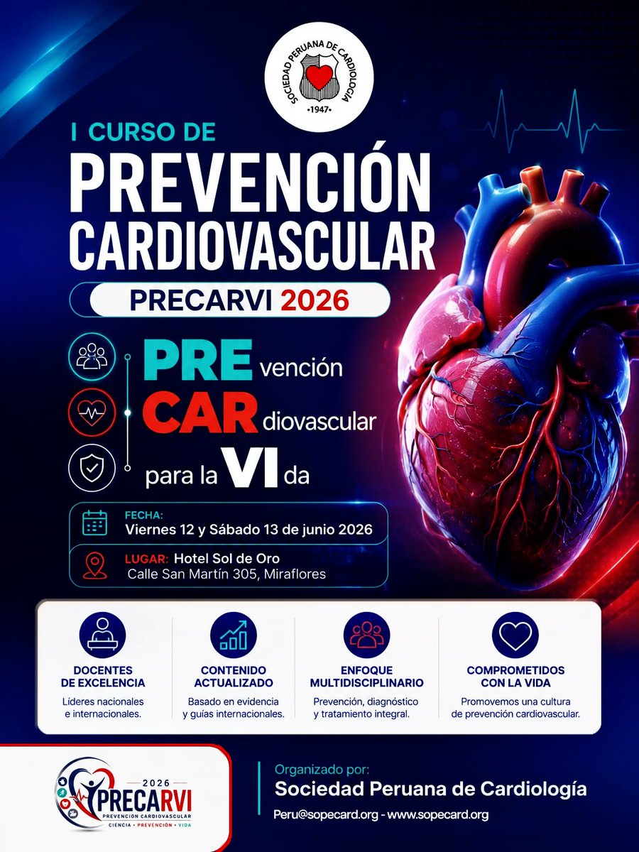 sopecard1947's tweet photo. ¡Lanzamos el I Curso de Prevención Cardiovascular - PRECARVI 2026! ❤️🩺

La Sociedad Peruana de Cardiología te invita a formar parte de este evento académico de alto nivel, diseñado para fortalecer la cultura de prevención y el manejo integral de la salud cardiovascular. https://t.co/nBuTLIbbdZ