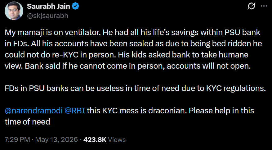 sandeep_PT's tweet photo. Your money is not your money, but the Bank's money, because they literally have a life-and-death chokehold on you via KYC. Frightening.
#inhuman #zeroempathy #IndianBanking https://t.co/1unEop7vhM