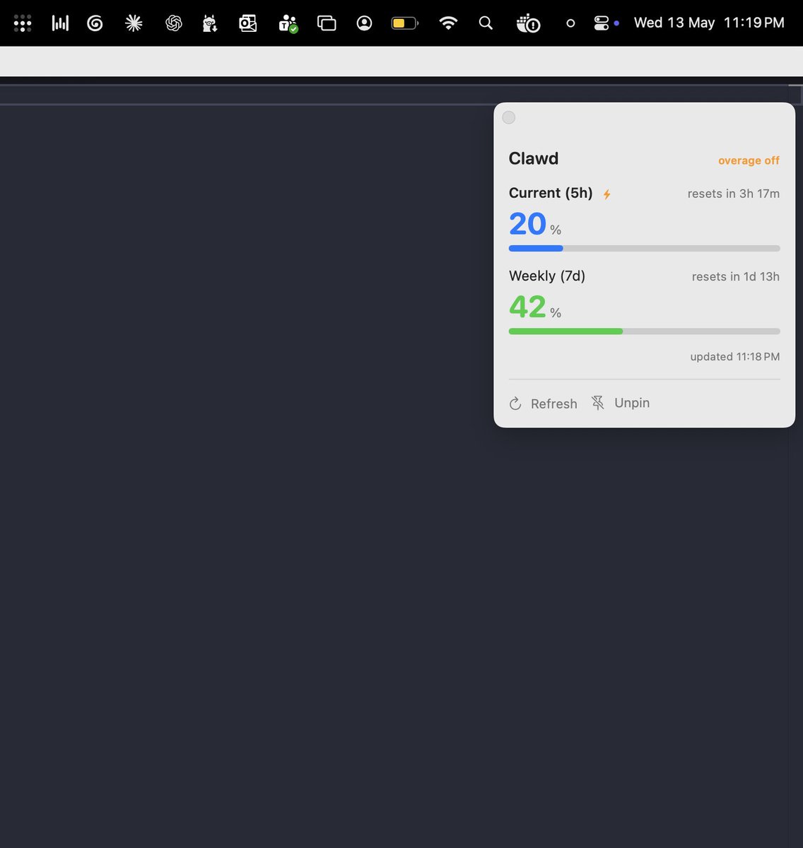 nabheet's tweet photo. Claude has 5-hour + 7-day usage windows, but I had no visibility into unused quota while jumping between Outlook, Teams etc.
Inspired by Clawdmeter built Clawd: a Mac menubar app,floating pane, iPhone widget for Claude usage.
https://t.co/Ewwjoy6XRp
 
@ClaudeDevs @claudeai https://t.co/cMhyWEsU9R