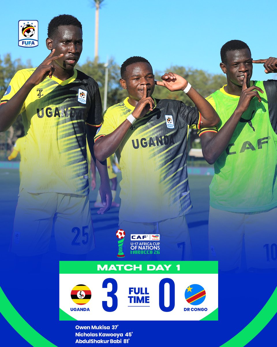 OfficialFUFA's tweet photo. A captivating start for the Uganda Cubs 🇺🇬

Full-Time! Uganda U-17 3️⃣-0️⃣ DR Congo U-17

#UGACOD | #TotalEnergiesAFCONU17 https://t.co/RVkx51EODH