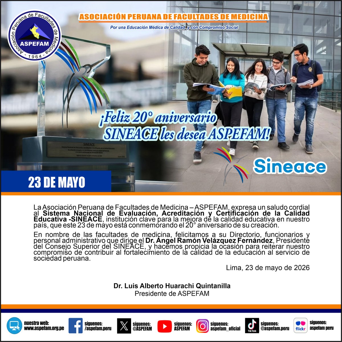 ASPEFAM's tweet photo. ✅ ¡Feliz 20° aniversario SINEACE les desea ASPEFAM!
➡️ Ver saludo: https://t.co/SvE1AvV2u6
➡️ Noticias: https://t.co/1EltuFoTW7
#AspefamPeru #EducacionMedica https://t.co/SDRhhUw8HP