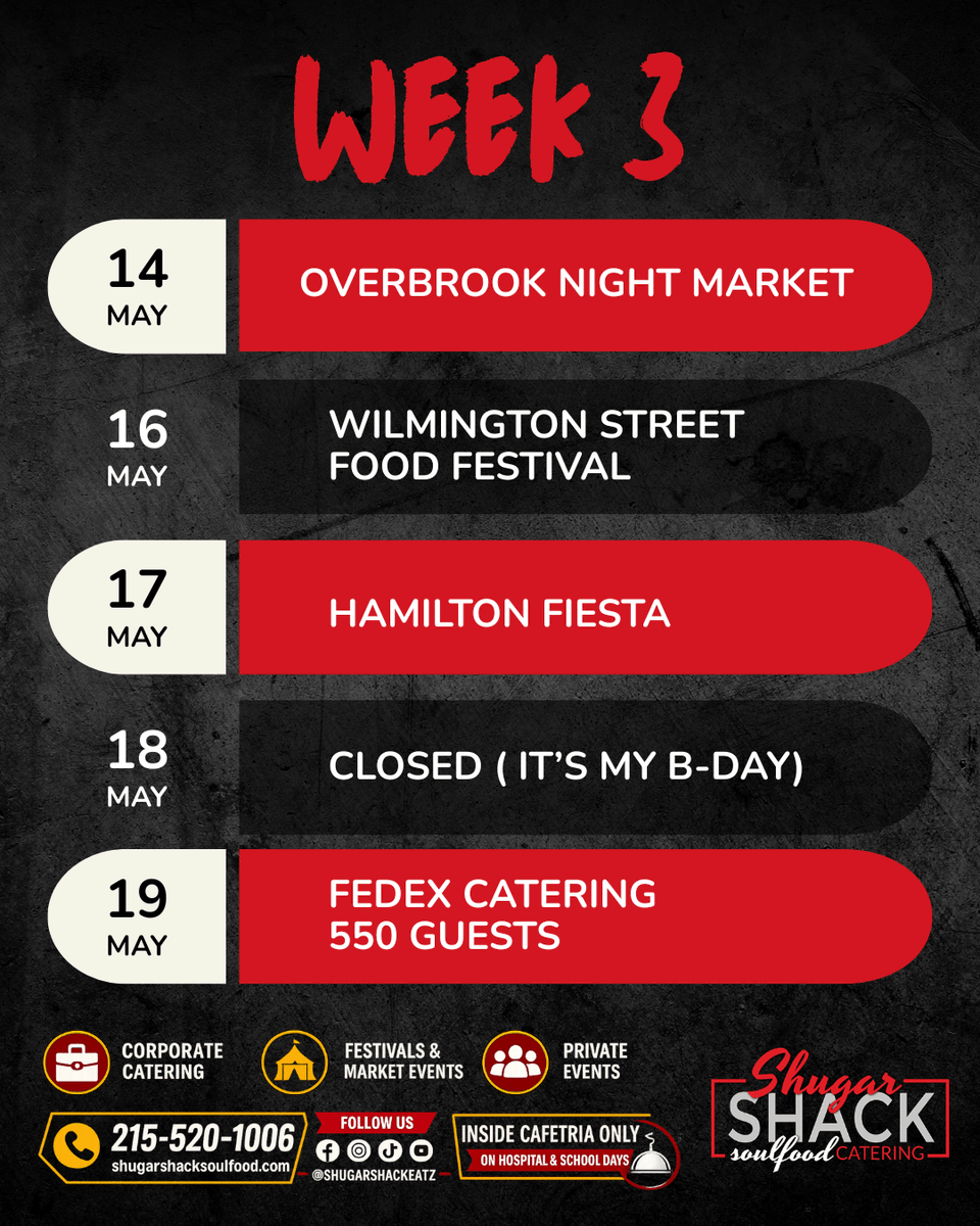Shugarshacksoul's tweet photo. Week 3 is loaded 🔥

From night markets to festivals to private catering, catch us all week (except the 18th 😉).

#ShugarShack #Week3Lineup #SoulFood https://t.co/8MRS3M1wa3 https://t.co/q4lHyBbMWe